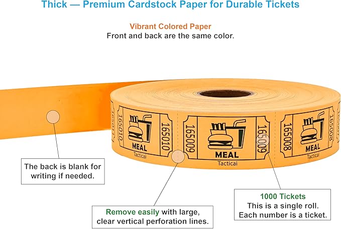 Tacticai 1000 Raffle Tickets, Meal, Orange (1 of 8 Colors), Single Roll, Ticket for Events, Food, Class Reward, Fundraiser & Prizes