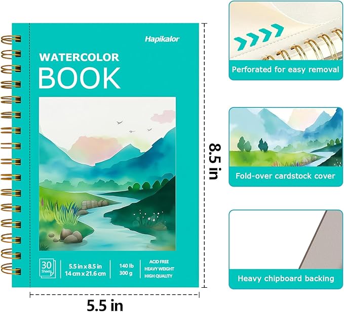 Watercolor Paper Pad, 5.5"x8.5" Water Color Paper, 140lb/300gsm Artist Painting Drawing Paper Book, Art Supplies for Adults Kids, Watercolors, Watercolor Paint Set, Sketchbook, Journal, Green