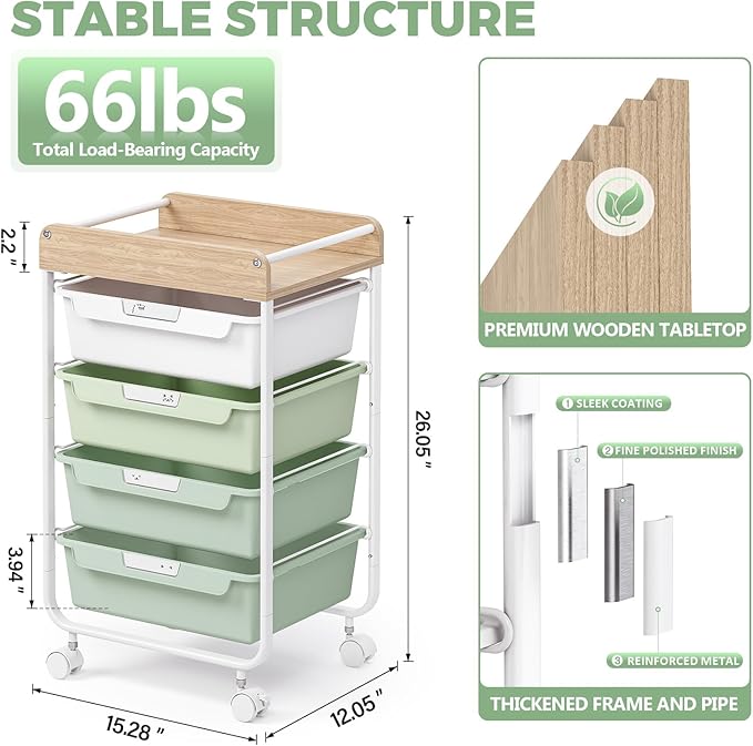 Rolling Storage Utility Cart With 4 Drawers,Kids Craft Art Cart,Makeup Organizer And Storage with Wooden Tabletop,Green