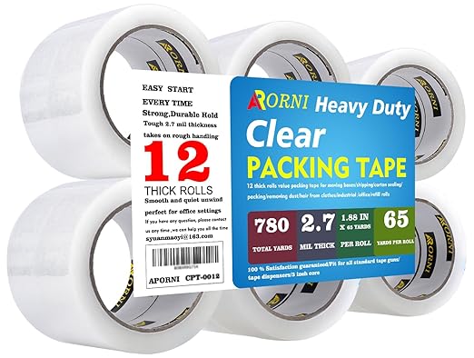 APORNI Clear Packing Tape Heavy Duty Refill Rolls Sealing Great for Packing Box Shipping and Moving Supplies Packaging 12 Rolls 1.88" x 65 Yards 3" Core 2.7 Mil Thick Adhesive