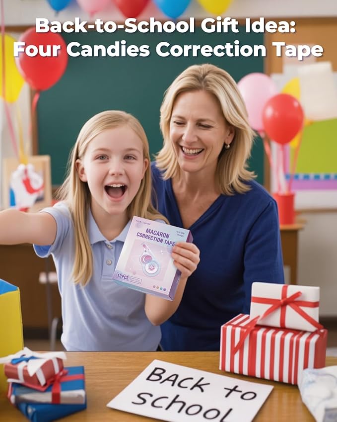 Four Candies White Correction Tape, 39.4 Feet, 12 Pack Easy to Use Applicator for Instant Corrections, Tear-Resistant, Smooth & Quick-Drying Tape for Office & School Supplies