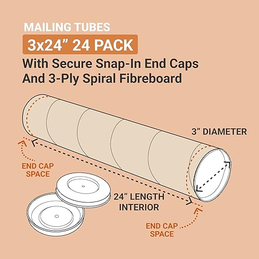 Aviditi BOX USA Mailing Tubes, 3" W x 24" H, 24-Pack - Round Corrugated Tubes for Mailing and Storage of Blueprints, Artwork, Crafts, Posters, Long Art Holder