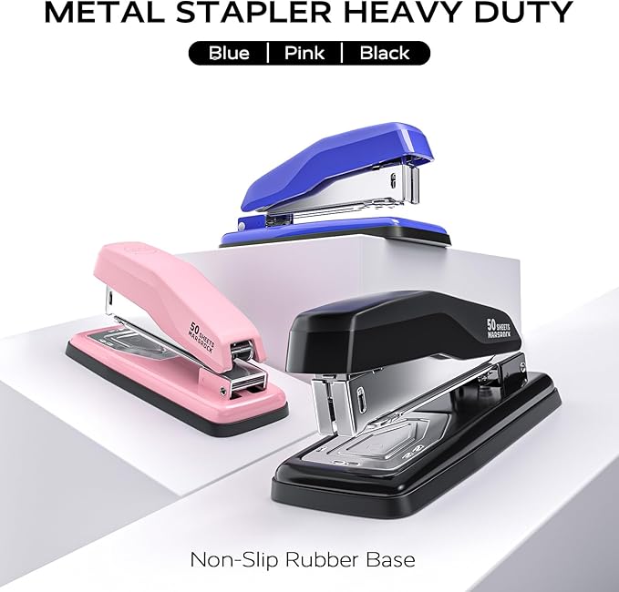 Marsrock Desktop Stapler, Swing-Arm Swivel Stapler, 50 Sheet Capacity, 2000 Staples and Staple Remover, Rotatable Heavy Duty Staplers for Office, Home, Classroom, Booklet, Book Binding,Pink