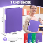 Henoyso 48 Pcs 3 Ring Binder 0.5 Inch Round Fits Letter Size 8.5'' x 11'' Paper Plastic Flexible Binder Holds 140 Sheets with 1 Pockets Versatile Organizer for Office School (Blue Green Purple Red)