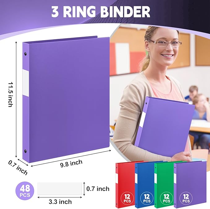 Henoyso 48 Pcs 3 Ring Binder 0.5 Inch Round Fits Letter Size 8.5'' x 11'' Paper Plastic Flexible Binder Holds 140 Sheets with 1 Pockets Versatile Organizer for Office School (Blue Green Purple Red)