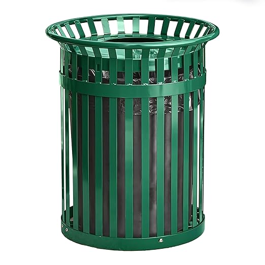 Zedfire 36 Gallon Green Waste Bin with Flat Lid, Outdoor Heavy-Duty Commercial Trash Can Steel Slatted, Round Recycle Container, Durable Garbage Can for Parks, Municipalities, Parking, Schools