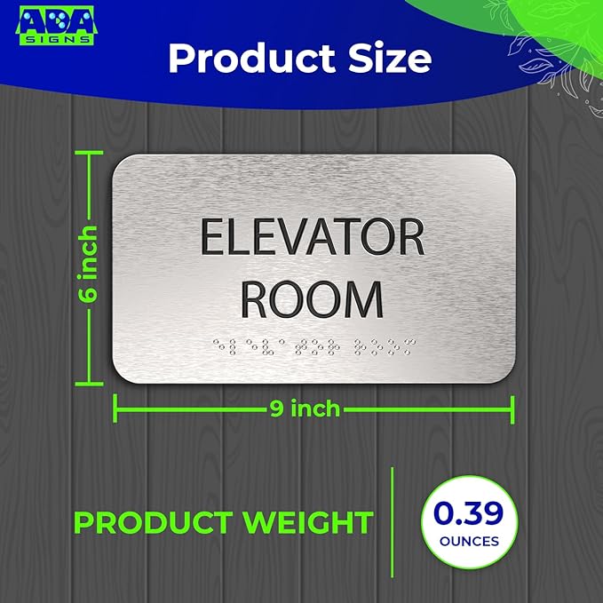 ADA Elevator Room Sign for Business - Office Signs, Aluminum Brushed Silver, Tamper-Proof, Heavy Duty Mounting Tape, Easy Install, Office Décor, ADA Compliant, Grade 2 Braille (7” W x 4” H) ADASigns.org