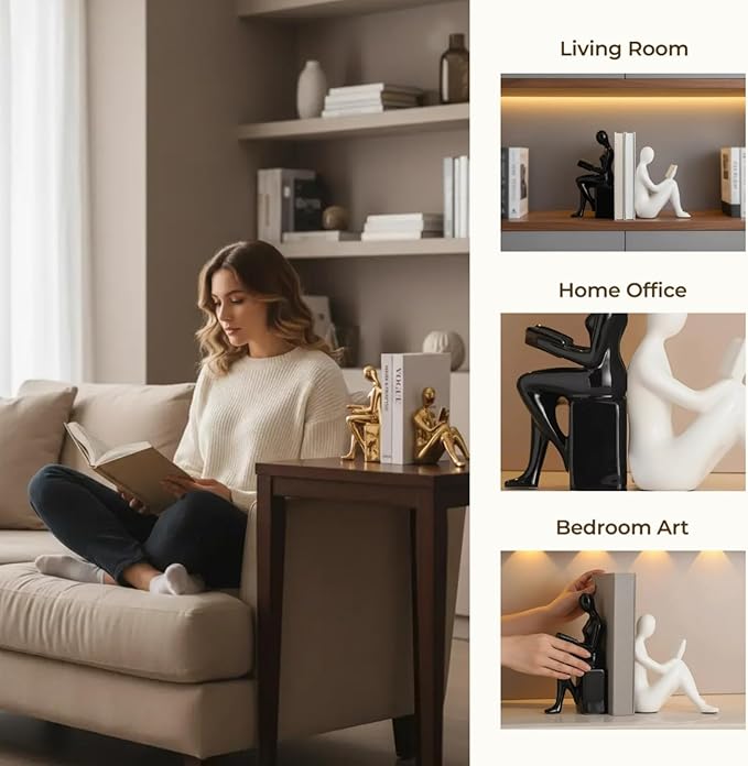 TYGKROF Decorative Bookends,Ceramic Statue Book Ends,Home Office Modern Bookends,Decor Aesthetic Reading Book Holders for Bookshelf,Bedroom Living Room Decoration Unique Bookends(Black and White)