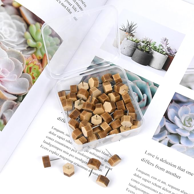 Decorative Push Pins,Wooden Push Pins for Cork Board,Thumb Tacks for Cork Board Hexagon (50)