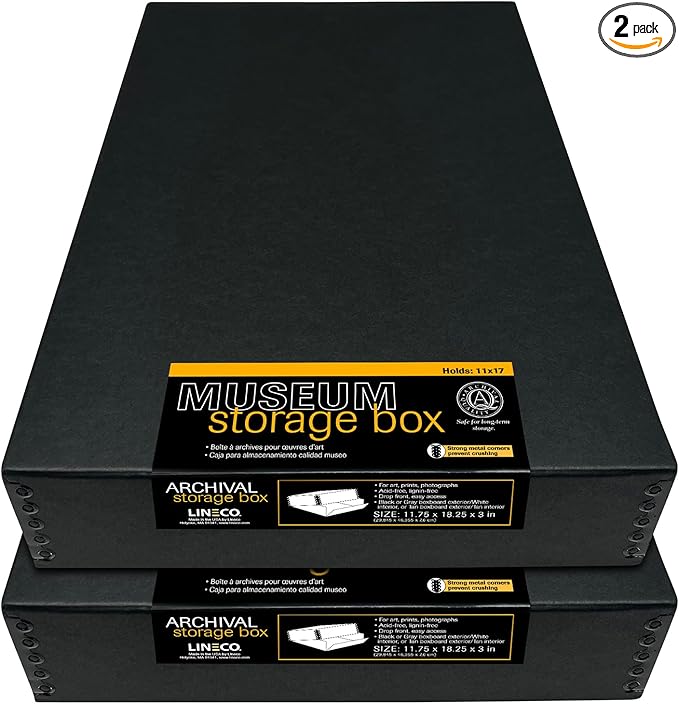 Lineco Museum Archival Storage Box, 11.75x18.25x3 in. Drop Front Design. Acid-Free with Metal Edge. Organize Photos, Pictures, Prints, Documents, Crafts, DIY. Black, 2Pack