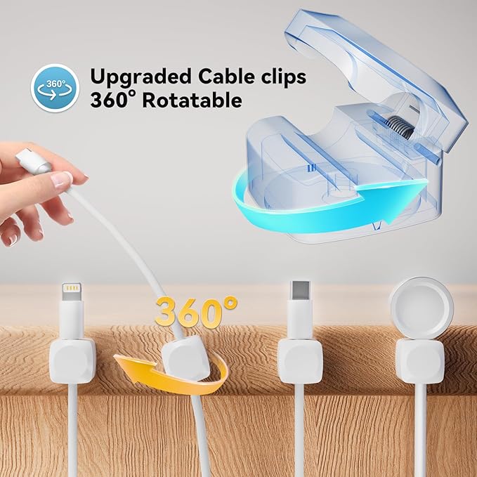 Lancord 8 Pack Cord Organizer Holder, Rotatable Cable Clips, Spring Cord Holder for Nightstand Adhesive Cable Organizer, Cable Management Clips Charging Cord Organizer for Desk Office Car Wall