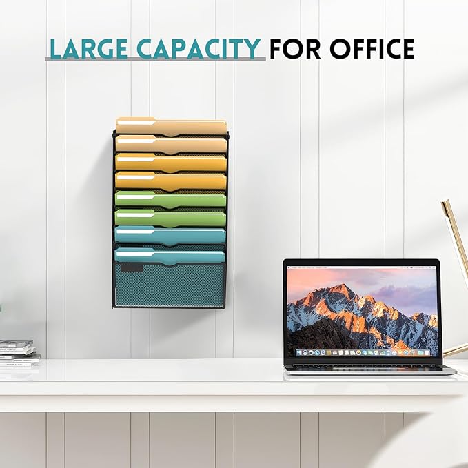 SUPEASY Wall File Organizer Mesh Office Mail Holder, Hanging Wall Organizer Magazine Rack for Office Black, 8 Tier
