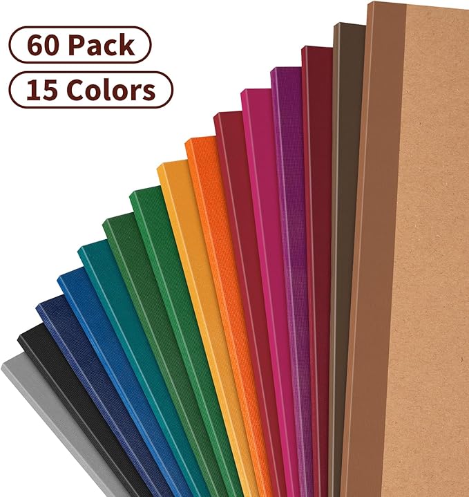 ALKALO 60 Pack Lined Notebook Journals Bulk, A5 College Ruled Composition Notebook, Kraft Cover with Vintage Spines, 8.3”x 5.5”, 15 Colors 60 Pages for School Office Travel