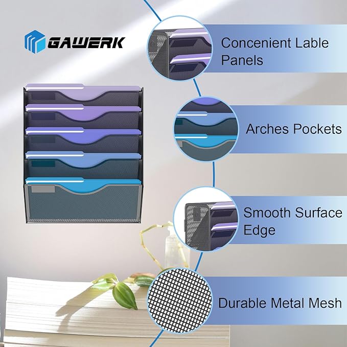 Gawerk 5 Tier Hanging Wall File Organizer, Mesh Mail Paper Orgnization Hanging File Folder Holder for Home Office, Black