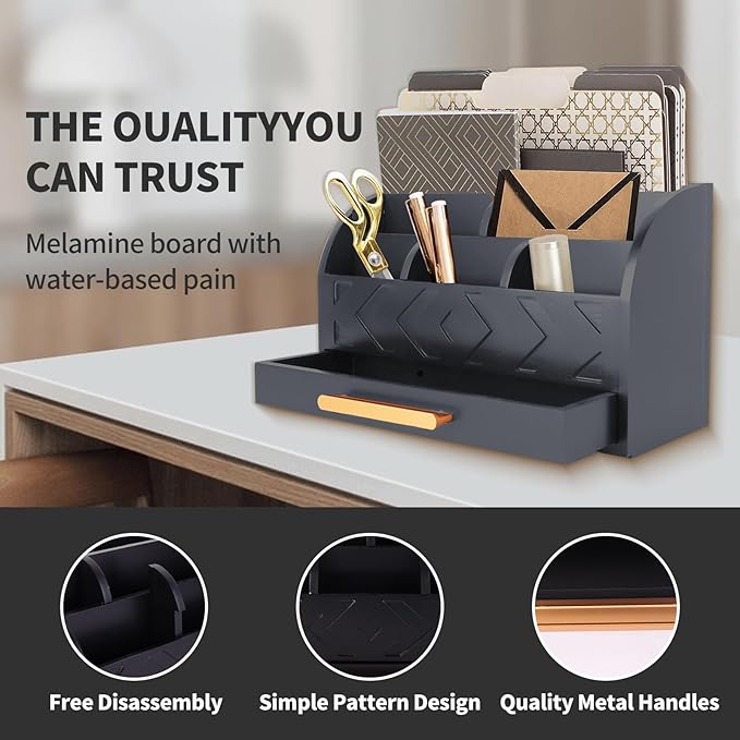 ZALIOJI Wooden Desk Organizer Mail Organizer Countertop, Desktop Organizer Mail Sorter Mail Holder Bill Organizer for Desk, Desk Organizers and Accessories for Women (Black)
