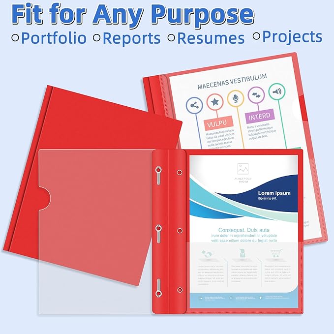 HAUTOCO 5 Pack Plastic Report Covers with 3-Prong Fasteners Clear Front Presentation Folders Resume Folders for 8.5x11 Letter Size Paper, Document Report Cover for School Office Business, Red