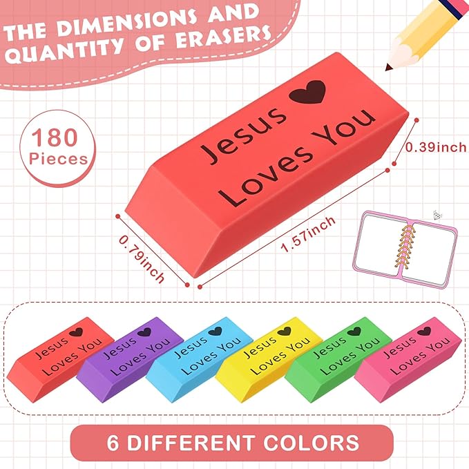 Yaomiao 180 Pcs Bulk Erasers for Kids Pencil Beveled Erasers Colorful Christian Motivational Gifts Bulk for Kids Students Classrooms, Drawing, Back to School (Bright,Jesus Loves You)