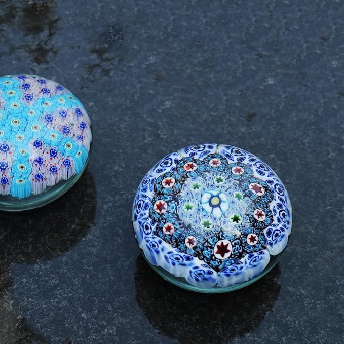 Yao Yuan Handcrafted Glass Paperweight - Beautiful Flower Figurine, Unique Desk Accessory for Home or Office (White millefiori, 3 in)