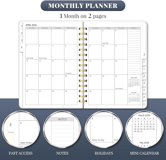 2026 Planner, Weekly and Monthly Planners with Tabs, A5 Spiral Bound Daily Calendar 2026 Planner, 12 Month Agenda Organizers from Jan. to Dec., Flexible Cover Appointment Book(Smill Sun)