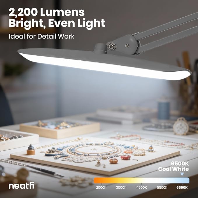 Neatfi XL 2,200 Lumens LED Desk Lamp with Clamp, 24W Bright Architect Task Lamp, 20 Inches Dimmable Computer Light, Adjustable Desk Light for Home, Office, Crafts, Nails & Hobbies (Non-CCT, Silver)