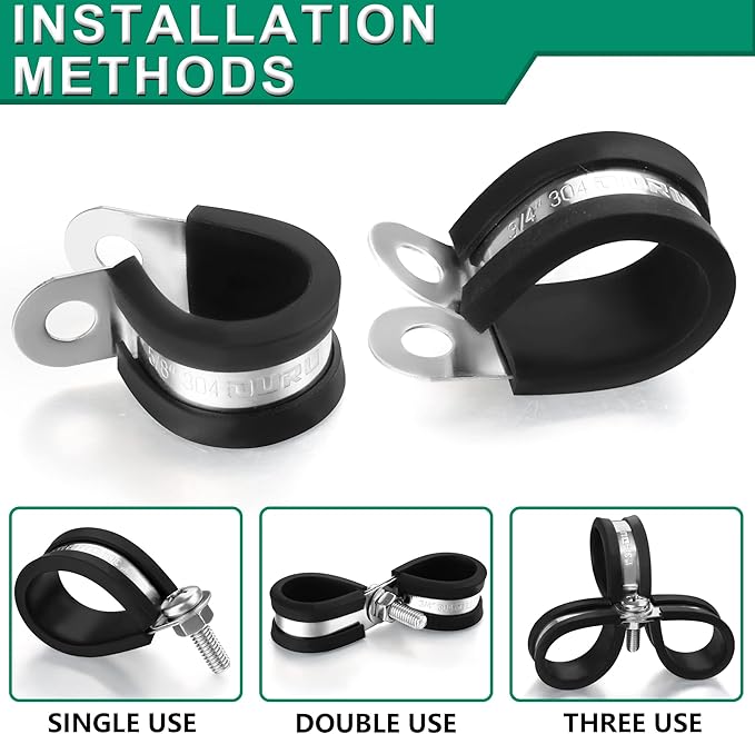 OURU 10pcs 1-3/4 Inch Stainless Steel & Rubber Coated Cushioned Insulated Cable Clamps, Automotive Pipe & Wire Clamps, Black