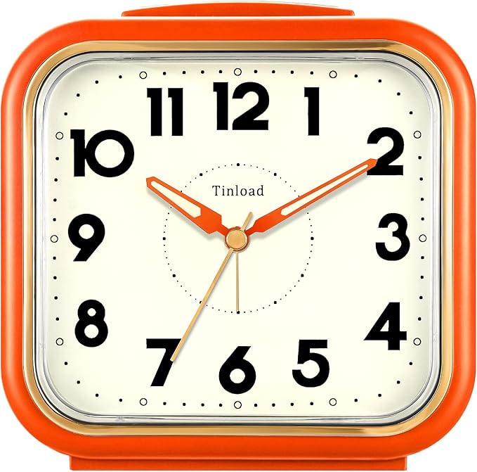 Tinload 5.5" Large Analog Alarm Clock • Silent Non Ticking • Gentle Wake • Beep Sounds • Increasing Volume • Battery Operated Snooze and Manual Light • Retro Orange