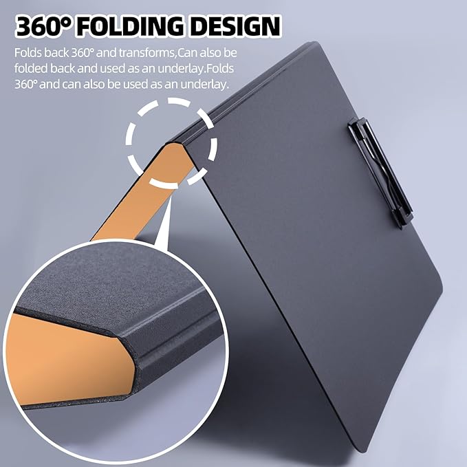 FRETONBA Clipboard Folder, 2 Pcs A4 Foldable Clipboard with Horizontal and Vertical Double Metal Clips, 360 Degree Foldable Binder Clipboards with Pen Holder, File Cover Work Folder Clipboards, Orange