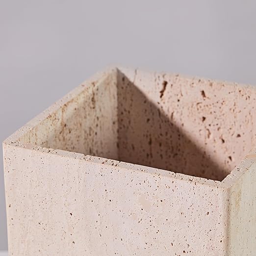 Rectangular Ivory Travertine Bathroom Trash Can, Natural Organic Stone Office Wastebasket, Wabi-Sabi Durable Storage Basket, Garbage Container for Bathroom, Home Office, Bedroom, Living Room, Toilet