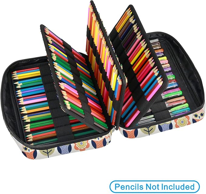 YOUSHARES Colored Pencil Case 220 Slots Pen Case Organizer With Handy Wrap & Zipper, Multilayer Holder for Prismacolor Colored Pencils & Gel Pen (Cartoon Owl)