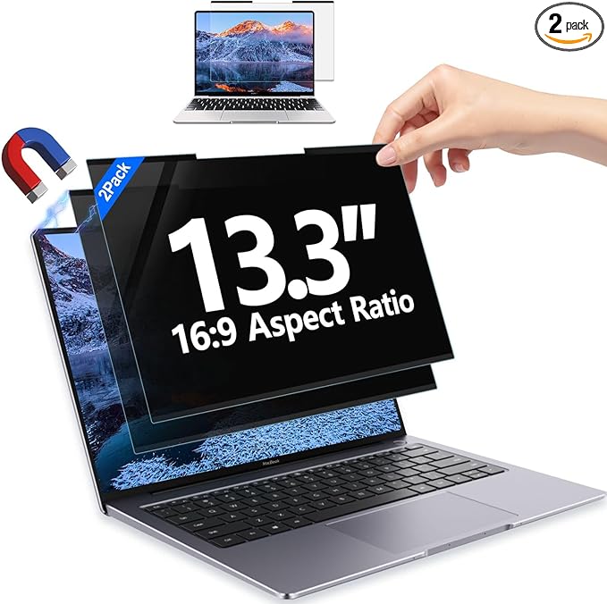 GUDTEKE 2Pack Magnetic 13.3 Inch Laptop Privacy Screen 16:9 Aspect Ratio, Removable Anti-Blue/Glare Protector Film, Anti Spy Desktop Security Private Filter 13.3in