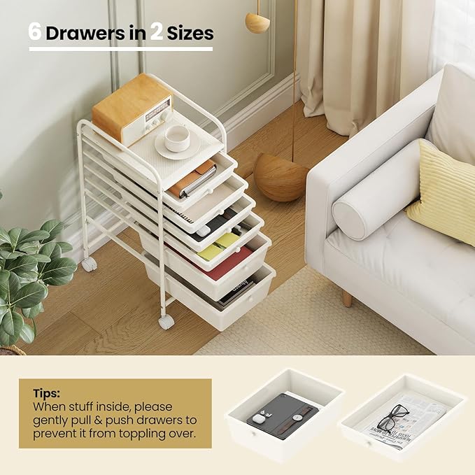 Giantex 6 Storage Drawer Cart Rolling Organizer Cart for Tools Scrapbook Paper Home Office School Multipurpose Mobile Utility Cart (Ivory)