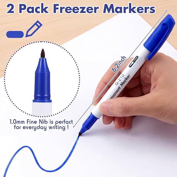 Janlaugh 2 Pcs Freezer Permanent Markers Waterproof Fast Drying Labels 1.0mm Chisel Fine Point Tips Food & Fridge Labels Markers Pen (Blue)