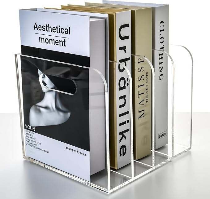 AIMOLLY 4 Vertical Compartments File Holder, Clear Acrylic Desk Organizer and Storage Bins Holding for Magazines, Binders, Notebooks, Envelopes, Multi-purpose Document Organizer for Home Office
