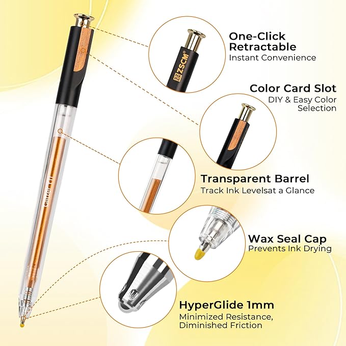 ZSCM Retractable Glitter Gel Pens, 12 Colors Large Capacity Yellow Glitter Metallic Gel Ink Pens, 1 mm Fine Point Smooth Writing Color Pens for Adult Coloring Book Note Taking Aesthetic Art Supplies