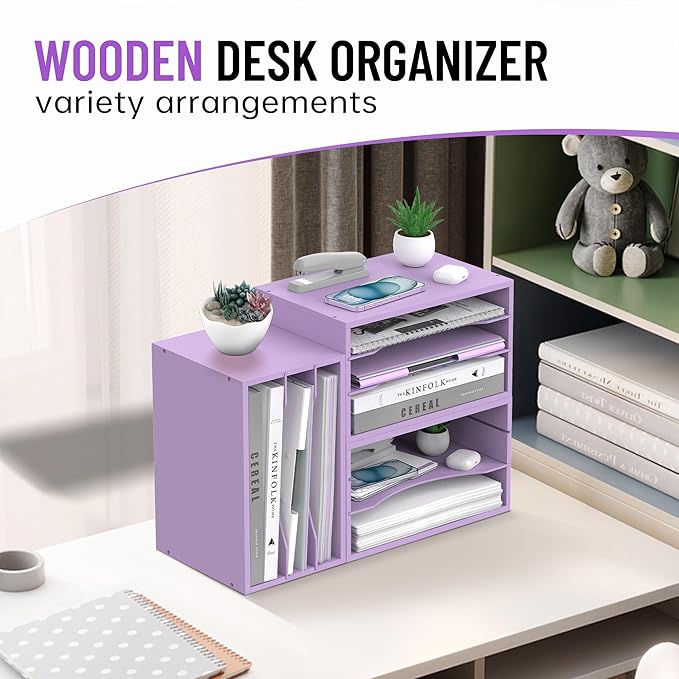 SHARKWOODS Wood Desk Organizer, 3 Tier Paper Tray Organizer for Desk with Adjustable Storage Shelves, Desktop File Organization Paper Sorter Mail Holder for Office Home Classroom, Purple