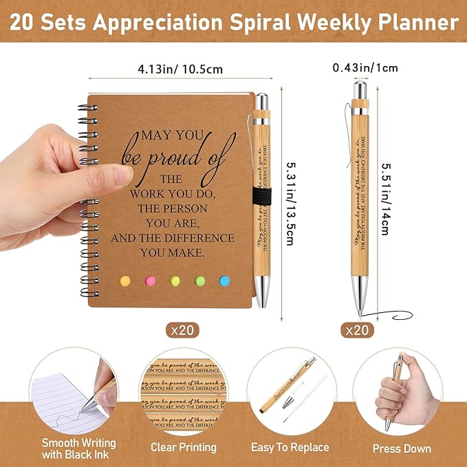 Moinchore 20 Sets Employee Appreciation Gift Inspirational Spiral Notebook with Bamboo Pen Sticky Note Thank You Valentines Day Gift for Coworker Office Staff Team Nurse Teacher (May You Be Proud)