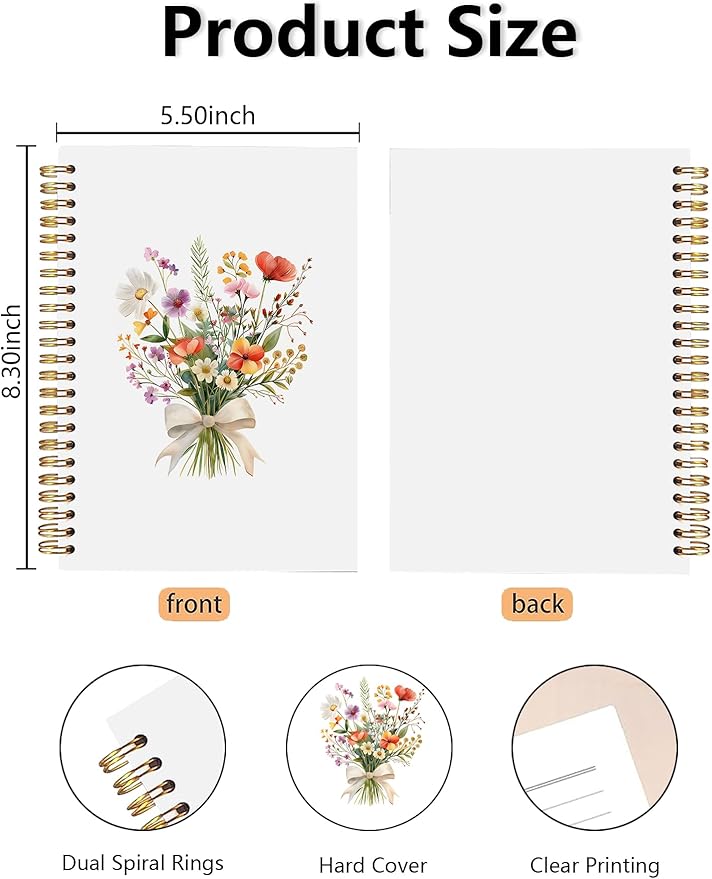 BitKan Cottagecore Floral Spiral Notebook, Pretty Colorful Wildflower Flower Aesthetic Journal, Floral Journal for Women, Preppy Bow Botanical Flower Notebook 5.5x8.3 Inch-375