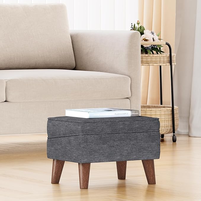 FAGAGA Small Footstool Ottoman with Storage, Ottoman Foot Rest, Modern Foot Stool with Adjustable Lid and Sturdy Wood Legs for Living Room, Bedroom, Couch, Enterway, Light Gray