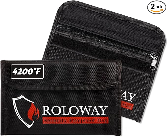 ROLOWAY Small Fireproof Bag (5 x 8 inches), Non-itchy Fireproof Money Bag for Cash, Valuables, Passport, Currency & Keys (2-Pack Black)