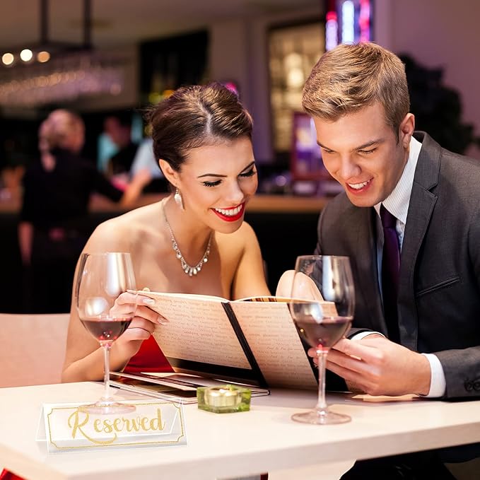 16 Pieces Reserved Sign Acrylic Clear Reserved Table Tent Signs Table Number Holders for Wedding Printed Seating Reservation Restaurant Business Office Meeting Party (Gold)