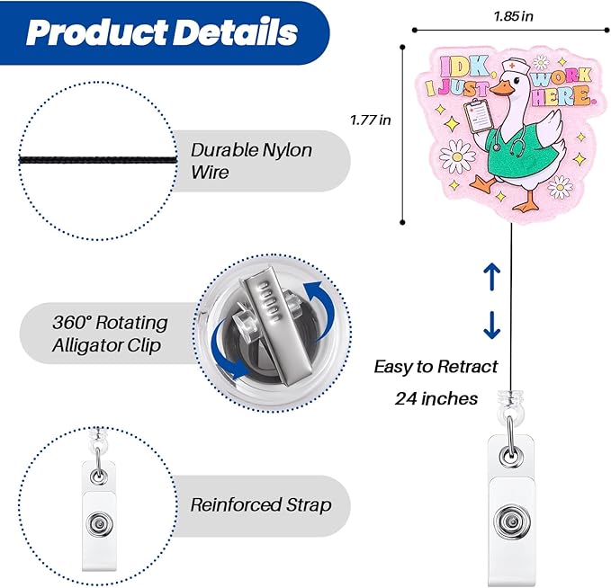 IDK I Just Work Here Funny Silly Goose Nurse Badge Reel, Pink Cute Retractable ID Medical Badge Holder, Name Tag Badge Buddy for RN CNA LPN MA Night Shift Nurse Nursing Student Doctor Social Workers