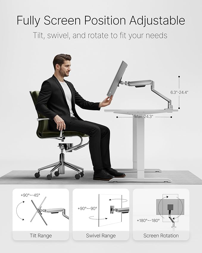 monTEK Deluxe Monitor Arm with USB A/C up to 40 Inch Holds 26.4 lbs Curved Screens Aluminum Fully Motion Single Monitor Stand with Clamp/Grommet, Quick Release Plate,75/100mm VESA,MA1008UCSL