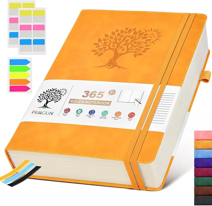 PERCUN B5 Lined Journal Notebook - 365 Page Large Leather Journals for Writing Women Men，Hardcover Notebook with 100Gsm Thick Pages，Daily Diary for Travel, Work，School，College Ruled (7.6" x 10.3")