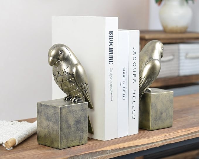 Kakizzy Gold Parrot Book Ends for Shelves,Vintage Bird Decorative Bookends,Resin Book Stopper for Books,Parrot Statue Gifts for Woman Home Office Bookshelf Decor,Unique Book Lover Gift