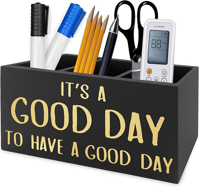 QZQE Inspirational Office Pen Pencil Holder Organizer for Desk, It's a Good Day to Have a Good Day Positive Wooden Box Signs Decorations for Home Office Desk Tabletop, Motivational Gifts for Women
