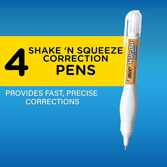 BIC Wite-Out Brand Shake 'n Squeeze Correction Pen, 8 ML Correction Fluid, 4-Count Pack of white Correction Pens, Fast, Clean and Easy to Use Pen Office or School Supplies
