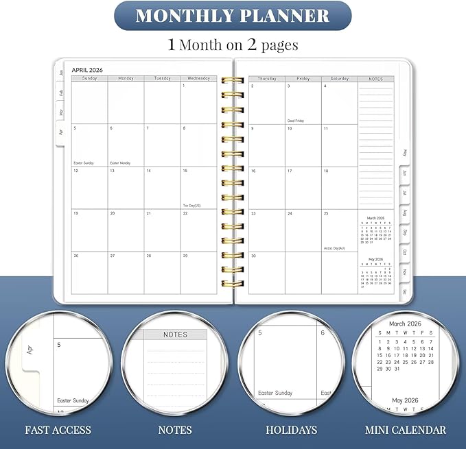 2026 Planner, Weekly and Monthly Planners with Tabs, A5 Spiral Bound Daily Calendar 2026 Planner, 12 Month Agenda Organizers from Jan. to Dec., Flexible Cover Appointment Book(Blue Tarrow)