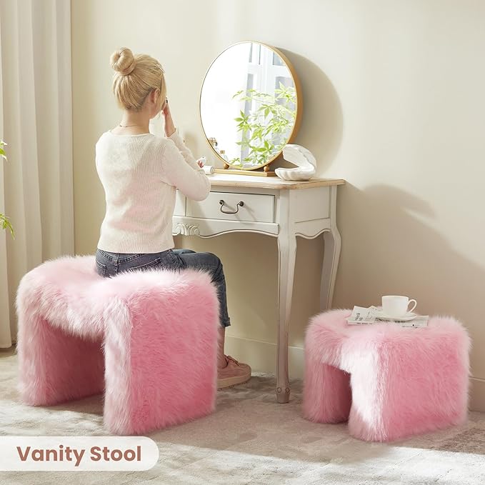 ZYKZYK Small Ottoman Set of 2 Vanity Stool Chair with Modern Ottoman Foot Rest M-Shaped Design for Bedroom Entryway Makeup Vanity Entryway (2-in-1) Pink