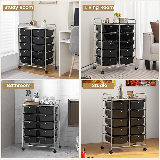 HAPPYGRILL 10-Drawer Rolling Storage Cart, Storage Organizer Cart with Lockable Wheels, Beauty Salon Movable Utility Cart for School, Office, Home, (Black)