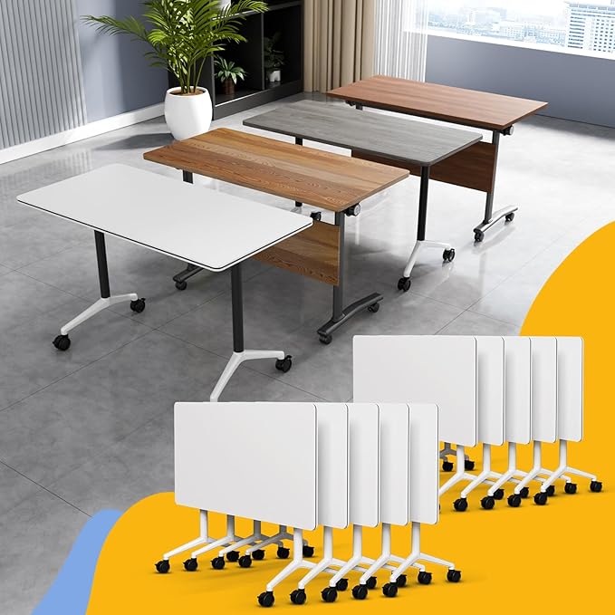 Conference Table Flip Top Mobile Conference Room Tables,Folding Conference Table with Wheels,Large Meeting Training Seminar Table Saving Space for Office Classroom (10, White, 61'')